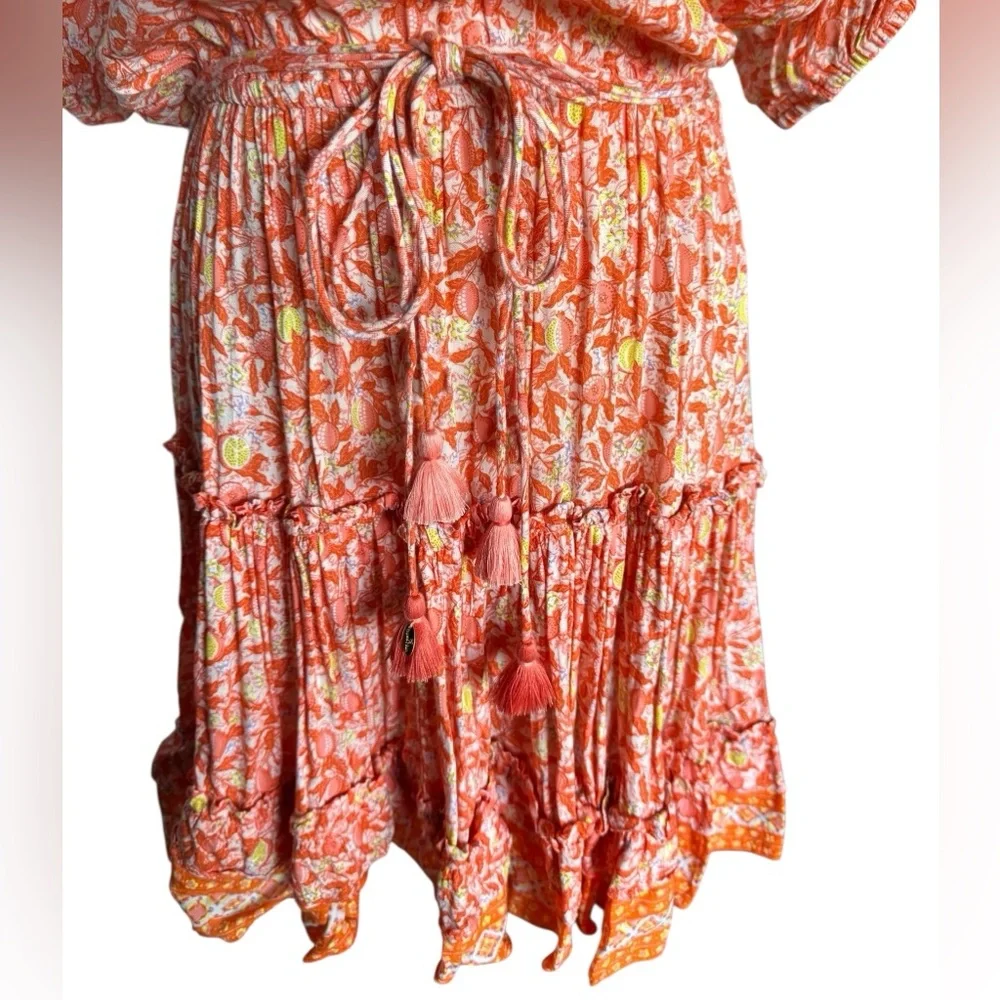 Poupette St. Barth Bonne V-Neck Dress in Orange & Yellow Fruit Print Size Medium